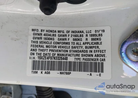 2019 Honda Insight Touring из США, поврежденный, VIN 19XZE4F97KE026448